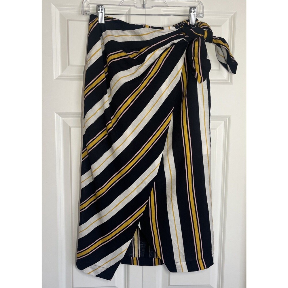 Banana Republic Womens Size 4 Striped Navy White Gold Faux-Wrap Tie Midi Skirt